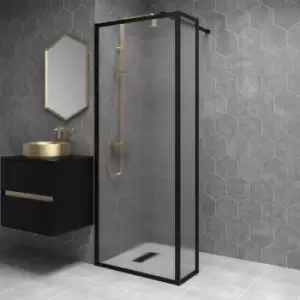 Black 800mm Fluted Glass Wet Room Shower Screen with Wall Support Bar & Return Panel - Volan