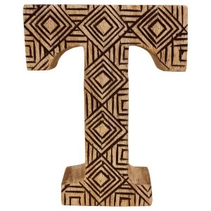 Letter T Hand Carved Wooden Geometric