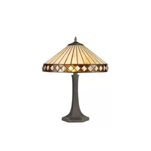2 Light Octagonal Table Lamp E27 With 40cm Tiffany Shade, Amber, Crystal, Aged Antique Brass