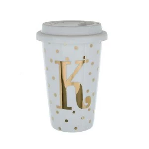 Initials K Double Walled Travel Mug With Silicone Lid - Gold Spots