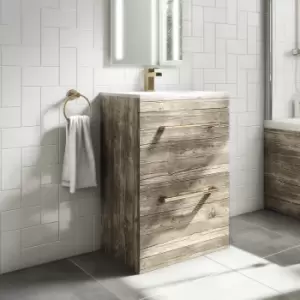600mm Wood Effect Floorstanding Vanity Unit with Basin and Brushed Brass Handle - Ashford