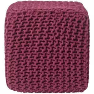 Plum Cube Cotton Knitted Pouffe Footstool - Plum - Homescapes