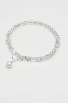 Silver Crystal Diamante Pearl Charm Choker Necklace