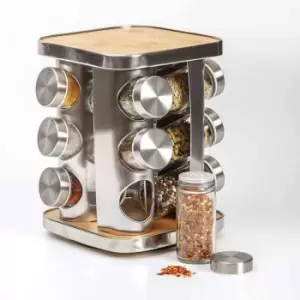 Rack & Rail Company Spice Rack Rotating 12 Glass Jars - Wood And Stainless Steel Finish