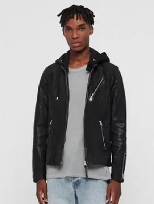 AllSaints Mens Harwood Leather Biker Jacket, Black, Size: L