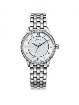 Rotary Exclusive Textured Silver And Blue Detail Swarovski Set Dial Stainless Steel Bracelet Ladies Watch