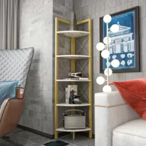 Decorotika Remo Corner Storage Rack, 5-Tier Bookshelf, Multifunctional Shelving Unit With Metal Frame, For Living Room, Bedroom, Kitchen - White