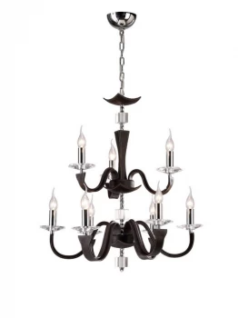 Ceiling Pendant Chandelier 2 Tier 9 Light Polished Chrome Dark Brown Faux Leather, Crystal