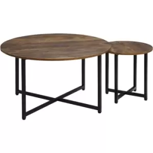 Homcom - 2 Pcs Round Coffee Table with Metal Frame Side Accent Tables Brown