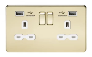 KnightsBridge 13A 2G Screwless Polished Brass 2G Switched Socket with Dual 5V USB Charger Ports - White Insert