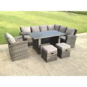 Fimous 9 Seater High Back Rattan Garden Furniture Set Corner Sofa With Black Tempered Glass Dining Table Footstool With Chair