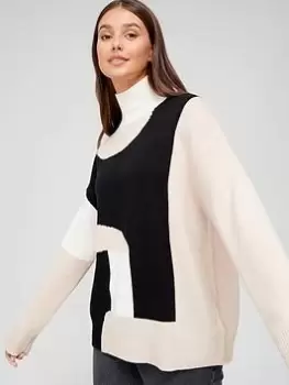 Calvin Klein Cashmere Wool Mix Colour Block Roll Neck Jumper - Multi, Size Xs-S, Women
