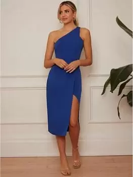 Chi Chi London One Shoulder Split Detail Midi Dress In Blue Size 14, Women