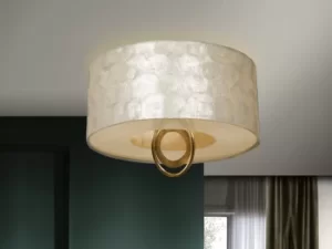 Edan Semi Flush Ceiling Light Cylindrical, Gold, Black Leaf, Mother Of Pearl, 3x E27