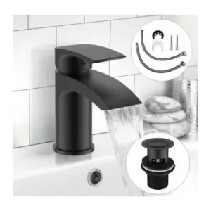 Black Waterfall Cloakroom Mini Basin Mixer Tap Sink Mono Bathroom + Waste 10yr