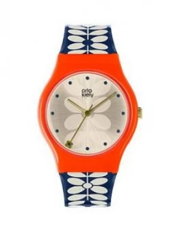 Orla Kiely Bobby Champagne and Pink Dial Blue and White Stem Print Silicone Strap Ladies Watch, One Colour, Women