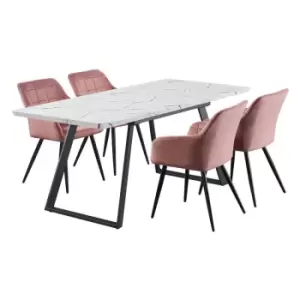 5 Pieces Life Interiors Camden Toga Dining Set - an Extendable White Rectangular Wooden Dining Table and Set of 4 Pink Dining Chairs - Pink