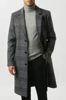 Mens Mono Check Wool Blend 3 Button Overcoat