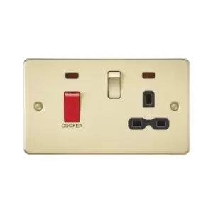Flat plate 45A DP switch and 13A switched socket with neon - brushed brass with Black insert - Knightsbridge