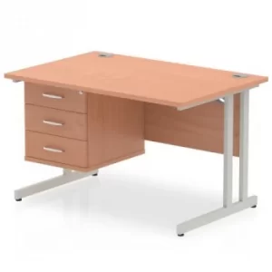 Impulse 1200 Rectangle Silver Cant Leg Desk Beech 1 x 3 Drawer Fixed Ped