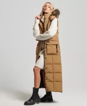 Superdry Womens Hooded Faux Fur Longline Puffer Gilet Brown / Sandstone - Size: 14