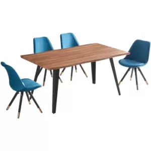 5 Pieces Life Interiors Sofia Rocco Dining Set - a Walnut Rectangular Dining Table and Set of 4 Blue Dining Chairs - Blue