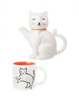 Sass & Belle Cat Teapot and Mug Set, One Colour, Women