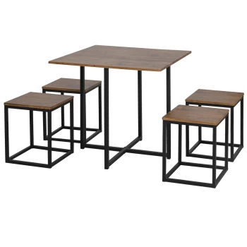 HOMCOM 5 PCS Industrial Table & Stool Set w/ Metal Frame Home Dining Stylish Square Compact Seating Chair Beautiful Cool Black Brown AOSOM UK