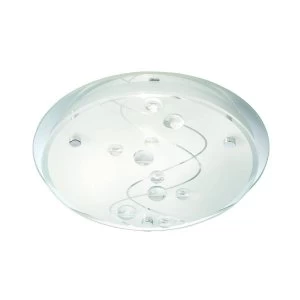 Flush Ceiling 2 Light Frosted Patterned Mirror Glass with Clear Beads, E27