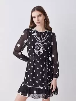 Karen Millen Dot Print Ruffle Belted Mini Dress - Monogram, Black, Size 10, Women