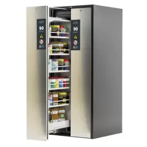 asecos Type 90 fire resistant vertical pull-out cabinet, 2 drawers, 10 shelves, grey/stainless steel