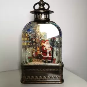 24cm Snowtime Christmas Water Spinner Antique Effect Lantern With Santa with his Sleigh Scene Dual Power