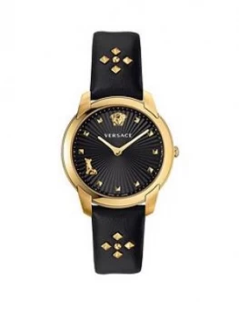 Versace Audrey Black And Gold Detail Dial Black Studded Leather Strap Ladies Watch