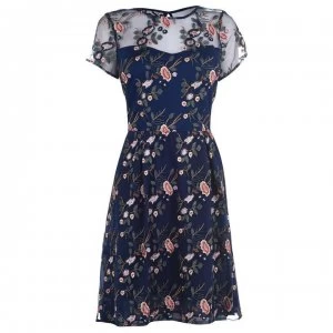 Adrianna Papell Floral Embroidered Flared Dress - Navy Multi