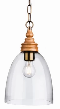 1 Light Dome Ceiling Pendant Natural Wood with Clear Glass, E27