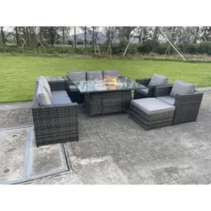 9 Seater Outdoor Rattan Garden Furniture Gas Fire Pit Table Sets Gas Heater Lounge Chairs Dark Grey Big Footstool - Fimous