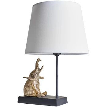 Brass and Black Sitting Baby Elephant Table Lamp - White