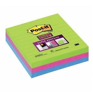 Post it Super Sticky Removable Notes 100 x 100mm Ruled Assorted 3 x 70 Sheets