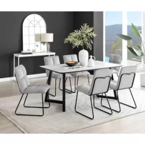 Furniture Box Carson White Marble Effect Dining Table and 6 Light Grey Menen Chairs