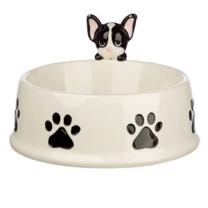 Ceramic French Bulldog on Rim Pet Food Bowl