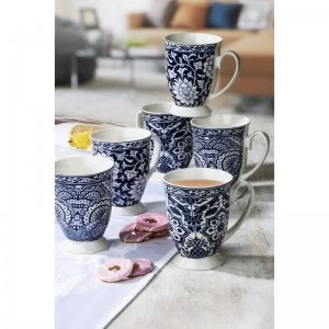 Waterside 6 Piece Blue and White Footed Mugs