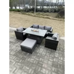 Fimous - Outdoor pe Rattan Garden Furniture Gas Fire Pit Dining Table Armchairs With Big Footstool Dark Grey Mixed