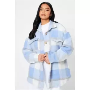 I Saw It First Baby Blue Petite Oversized Check Print Shacket - Blue