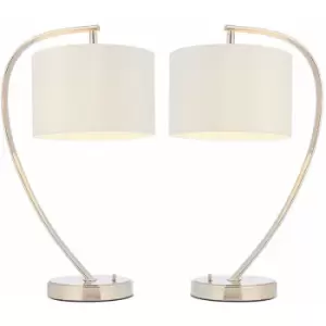 2 pack Modern Curved Arm Table Lamp Nickel & White Shade Bedside Feature Light