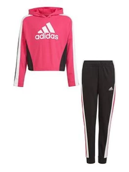 adidas Junior Girls Hooded Crop Tracksuit - Black/Pink, Size 7-8 Years, Women