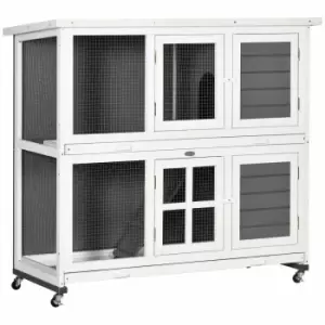 Pawhut Outdoor And Indoor Wooden Rabbit Hutch With Wheels And Slide-out Trays, 119 X 50.5 X 109cm, Grey