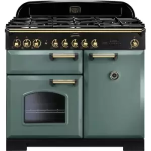 Rangemaster Classic Deluxe CDL100DFFMG/B 100cm Dual Fuel Range Cooker - Mineral Green / Brass - A/A Rated