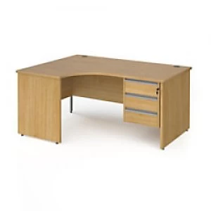 Dams International Left Hand Ergonomic Desk with 3 Lockable Drawers Pedestal and Oak Coloured MFC Top with Silver Panel Ends and Silver Frame Corner P
