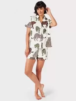 CHELSEA PEERS Organic Cotton Leopard Short Pyjama Set, Off White, Size 14, Women