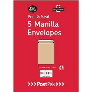 Envelopes C4 Peel & Seal Manilla 115Gsm Pack of 5 POF27428